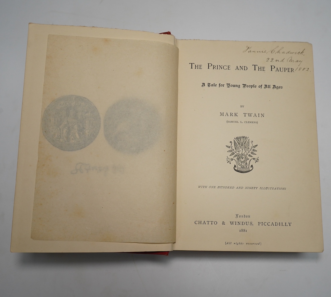 Twain, Mark - The Price and the Pauper: a tale for young people of all ages. First Edition (2nd state). title vignette, many engraved illus. (some full page), 32pp. catalogue (Nov.1881) at end at 4pp. adverts. preceding